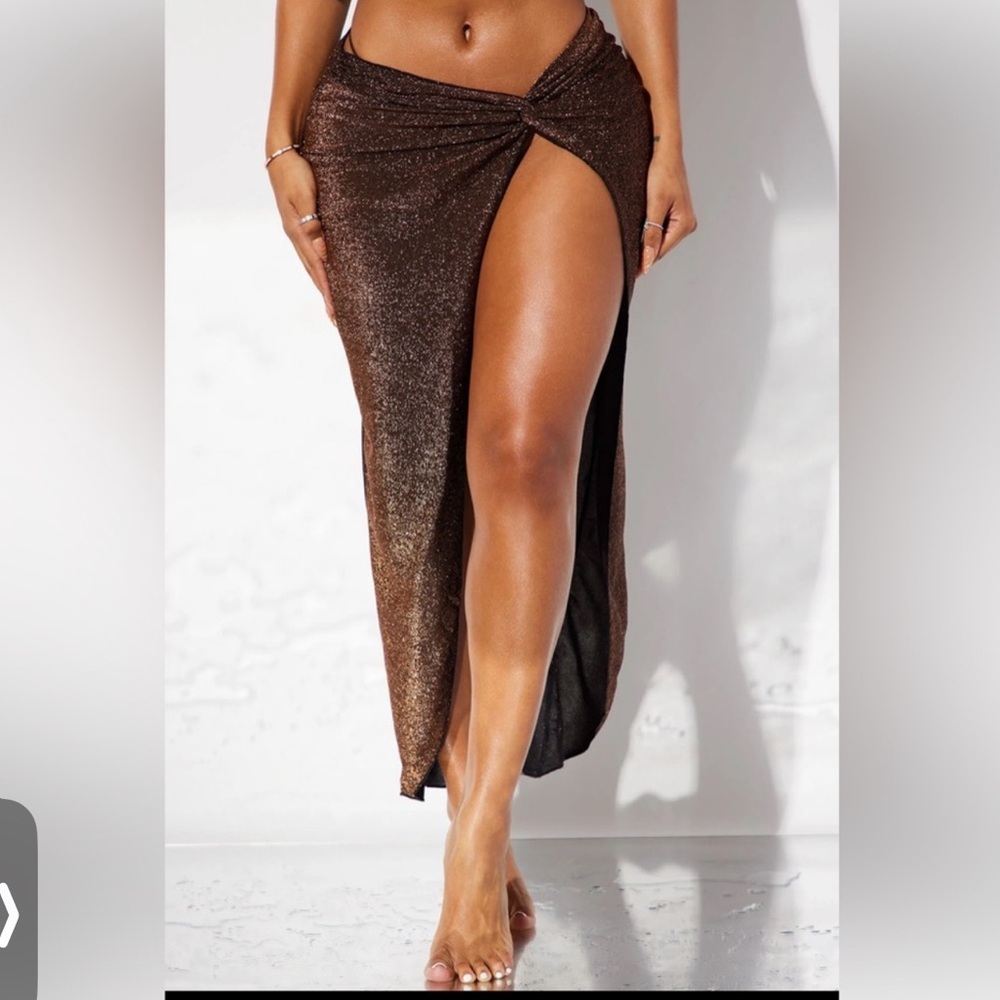 Fashion Nova Bronze Shimmery High-Slit Maxi Skirt - Picture 2 of 2